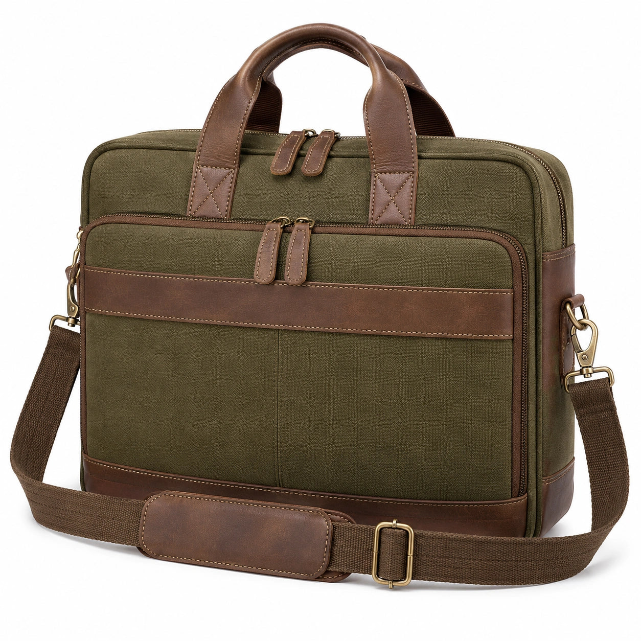 Grüne Laptoptasche mit braunen Lederakzenten