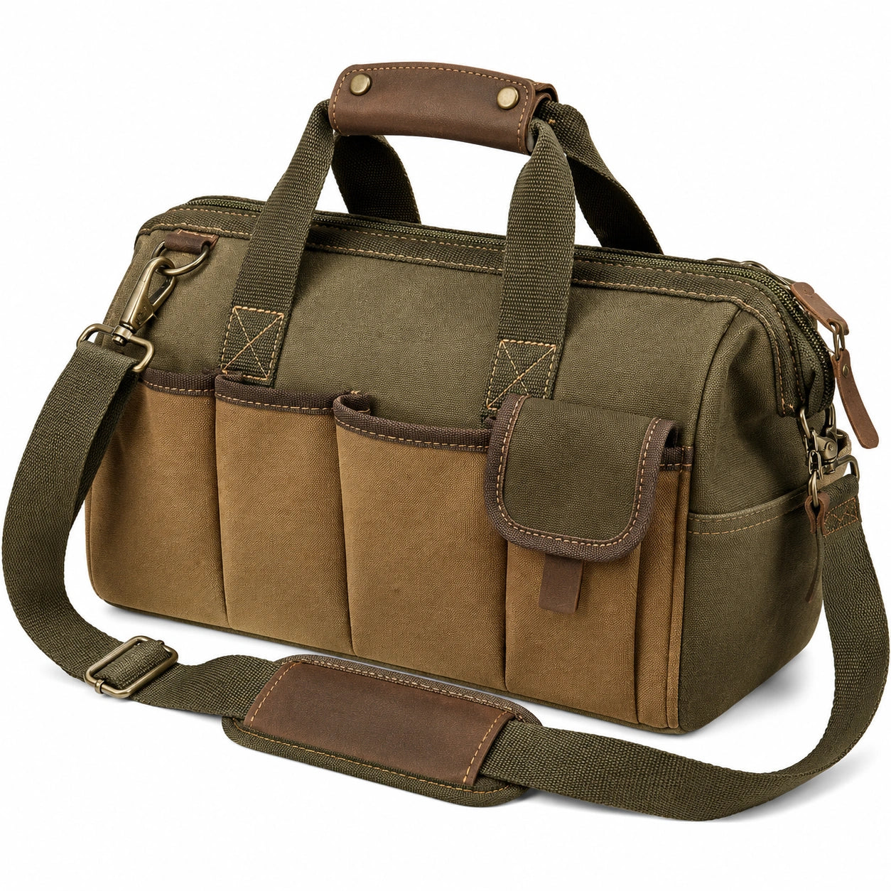 Große Canvas-Werkzeugtasche Olivgrün/Braun