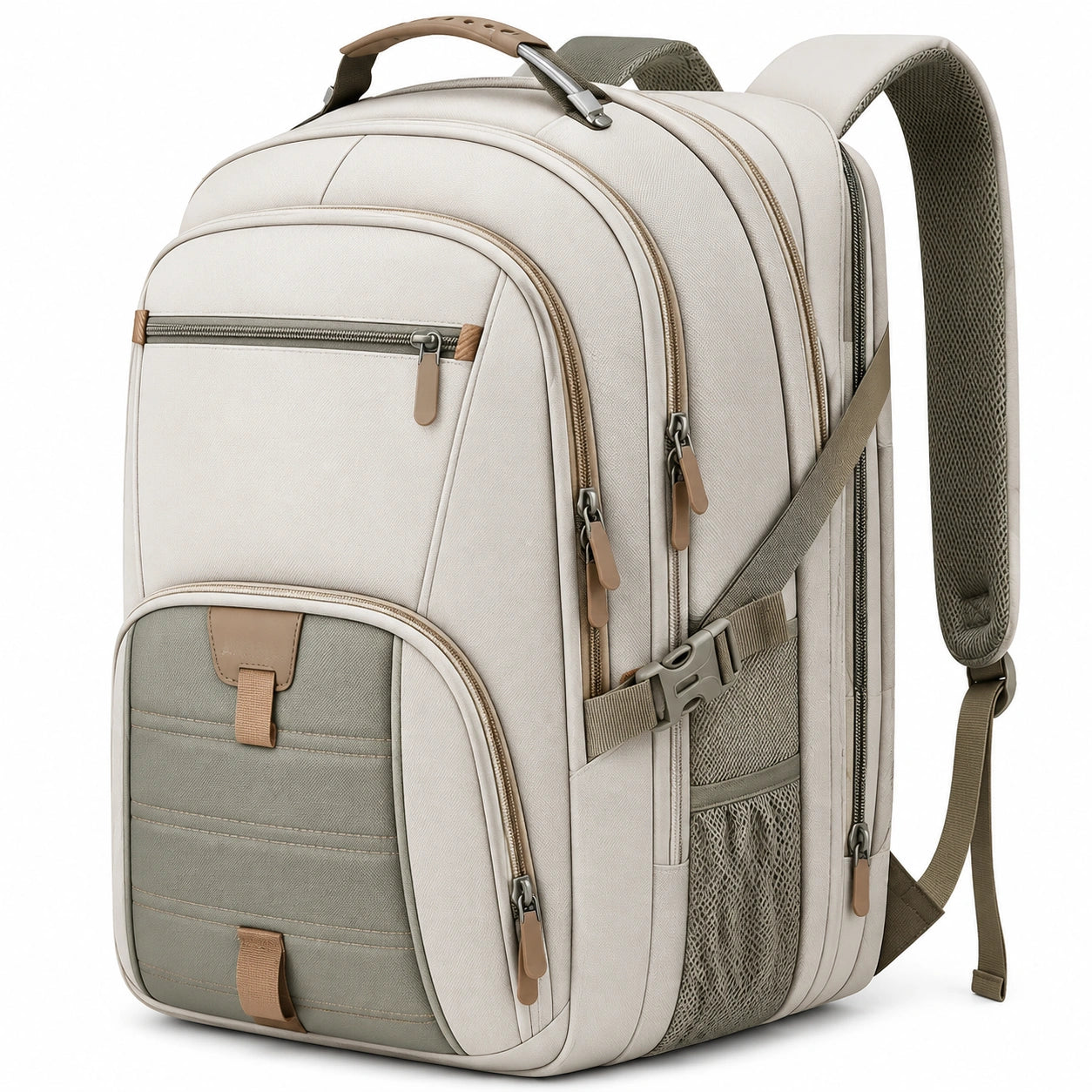 17 Zoll Laptop Rucksack Beige/Grün, Wasserdichter Schulrucksack