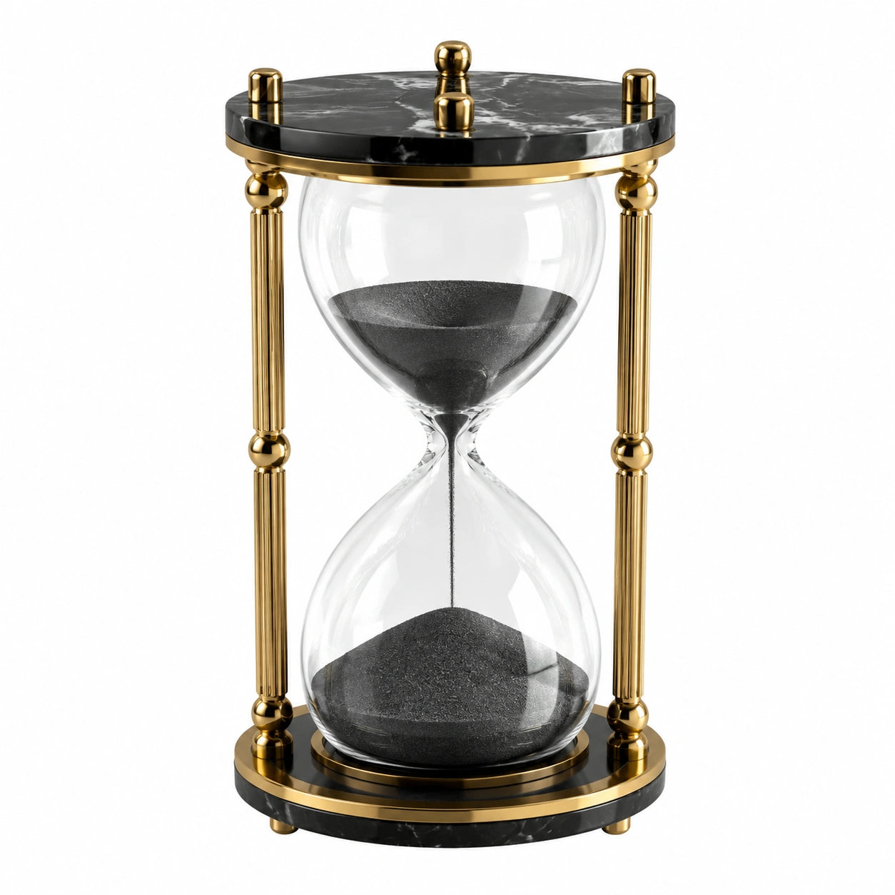 Luxuriöse Sanduhr mit schwarzem Sand und goldenen Akzenten