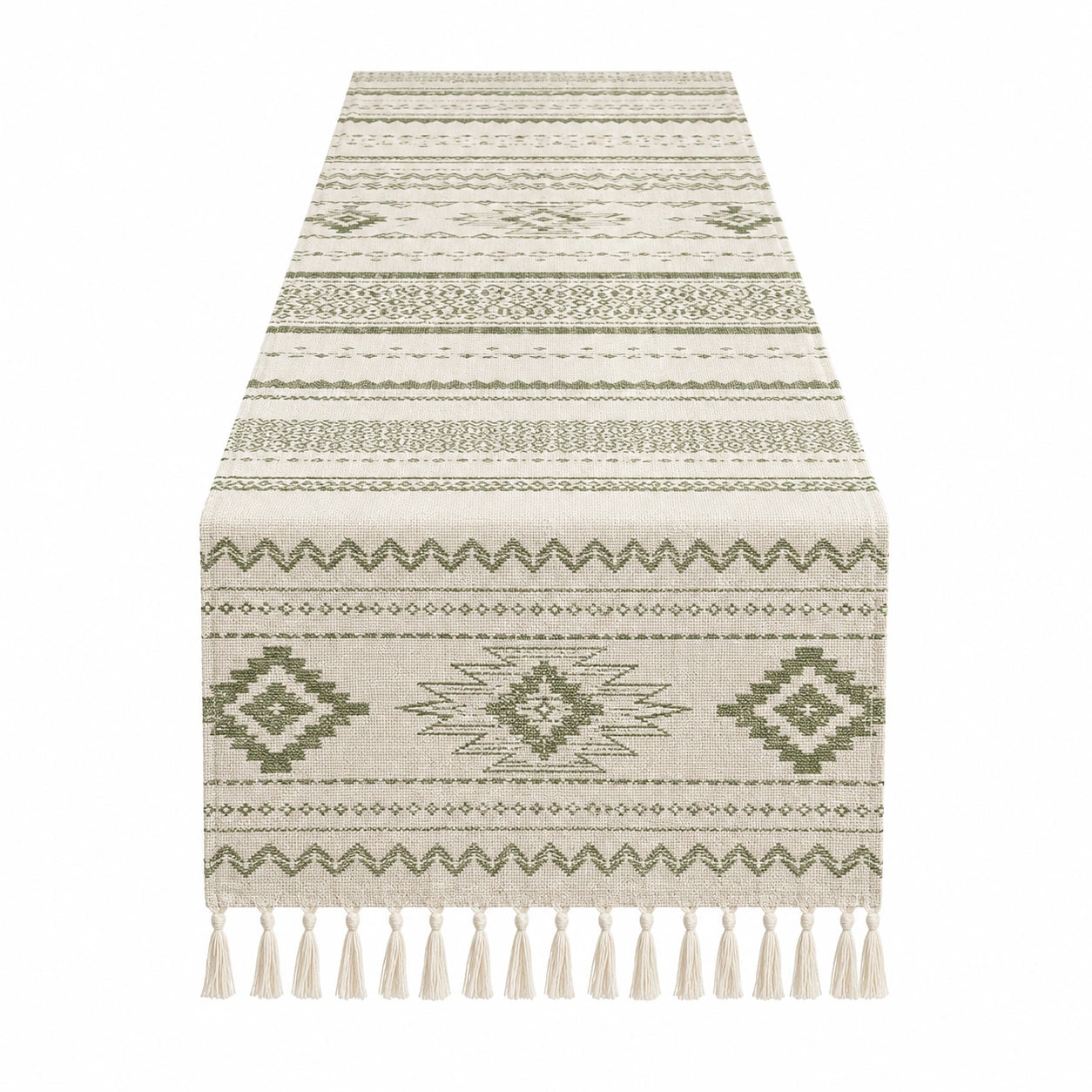 Tischläufer mit grünem Aztekenmuster und Fransen Beige 180x33