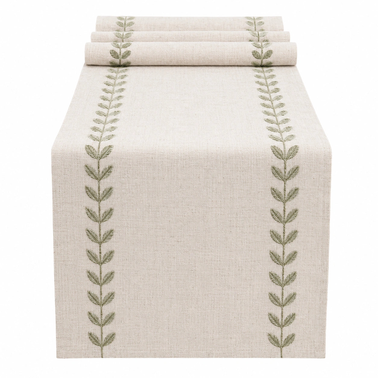 Eleganter Tischläufer Beige mit grüner Bestickung 180x50 cm
