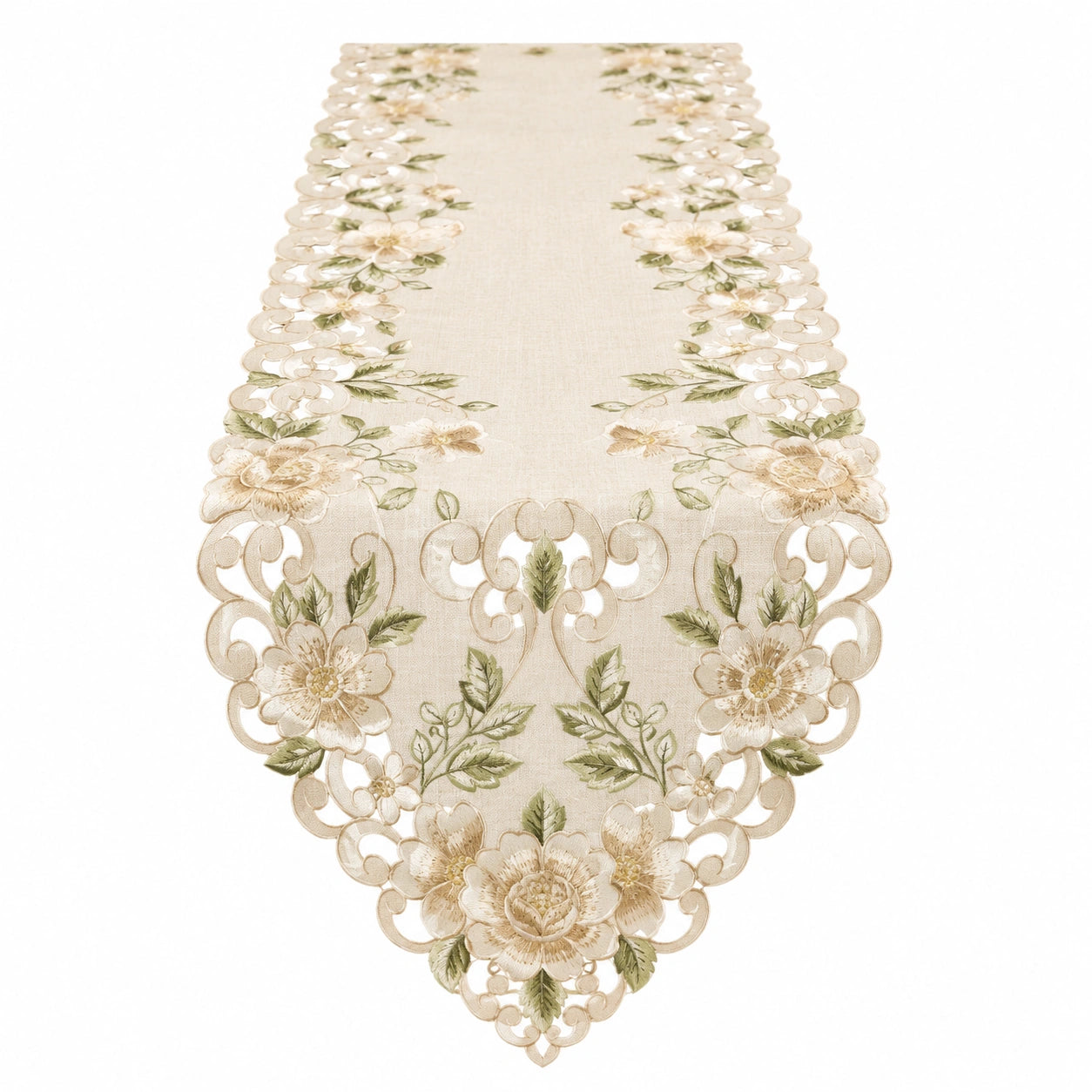 Tischläufer mit Floralem Stickmuster Beige Grün, 180x35cm