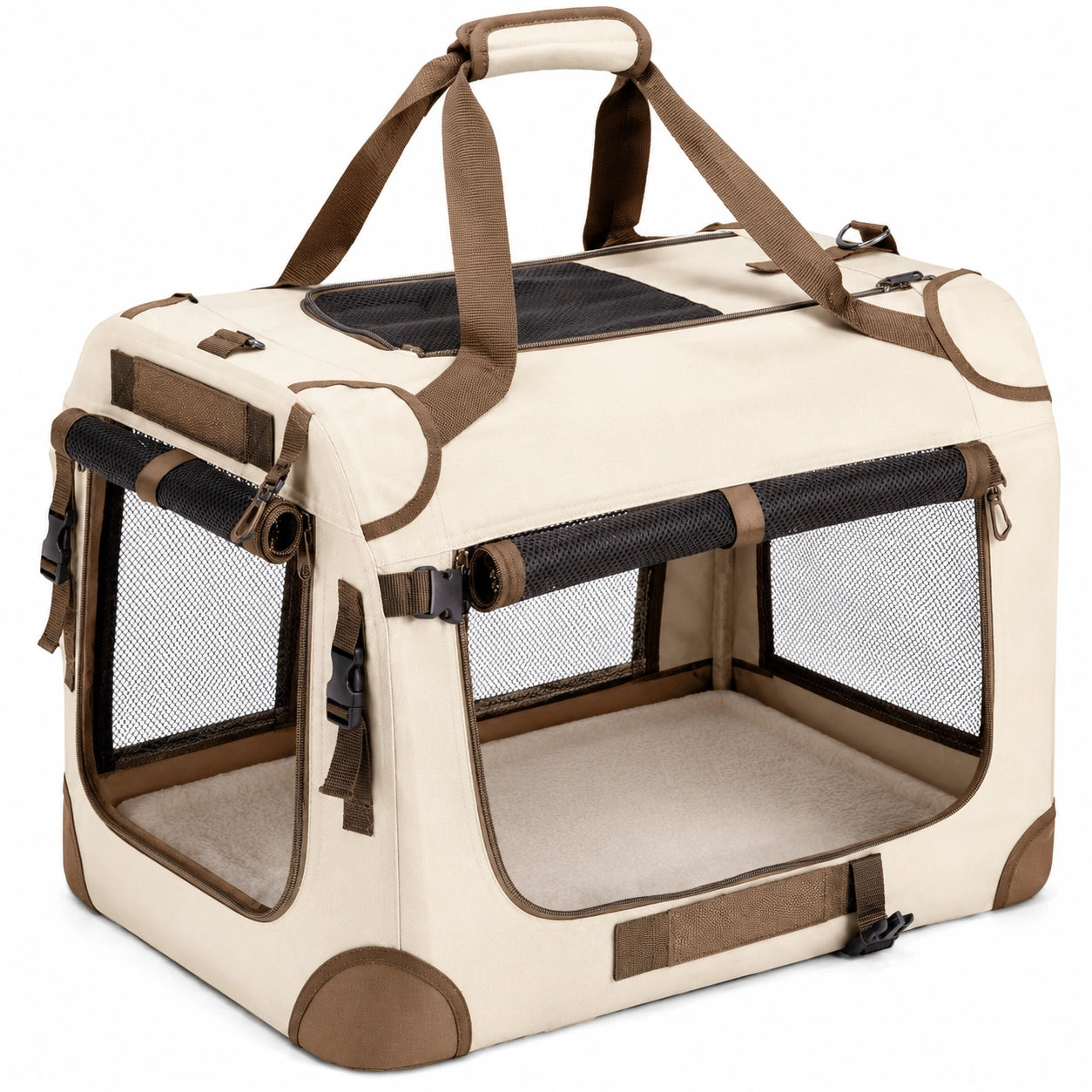 Faltbare Haustiertragetasche mit Netzfenstern Beige/Braun 60x40x40cm