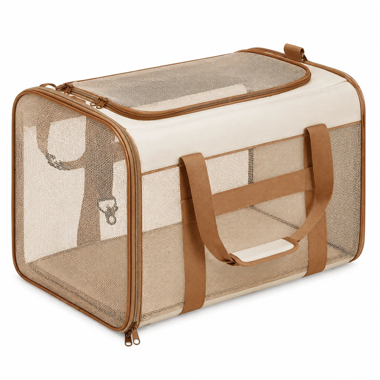 Faltbare Katzentransporttasche mit Netz und Reißverschluss Beige