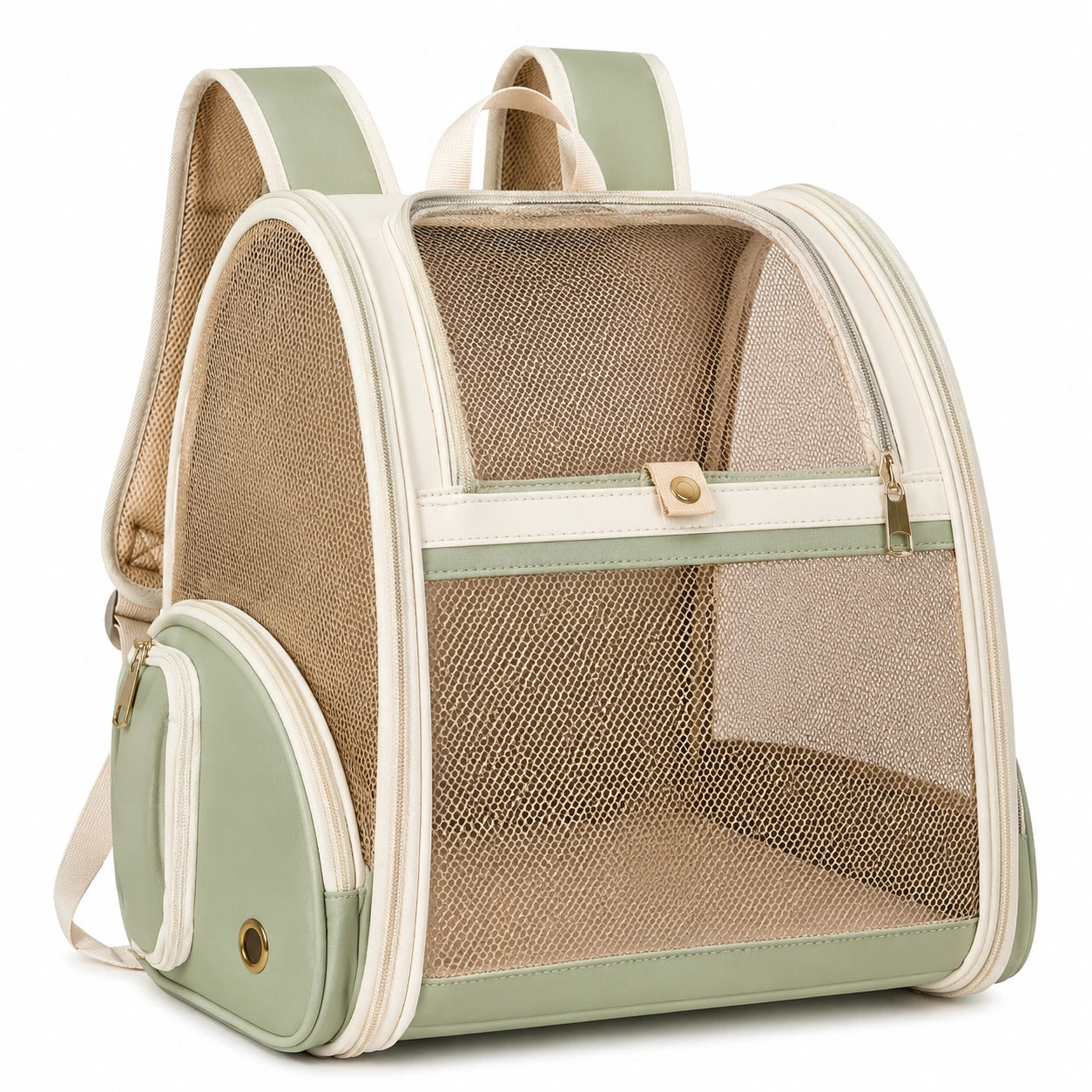 Atmungsaktiver Haustier-Rucksack in Grün/Beige mit Mesh